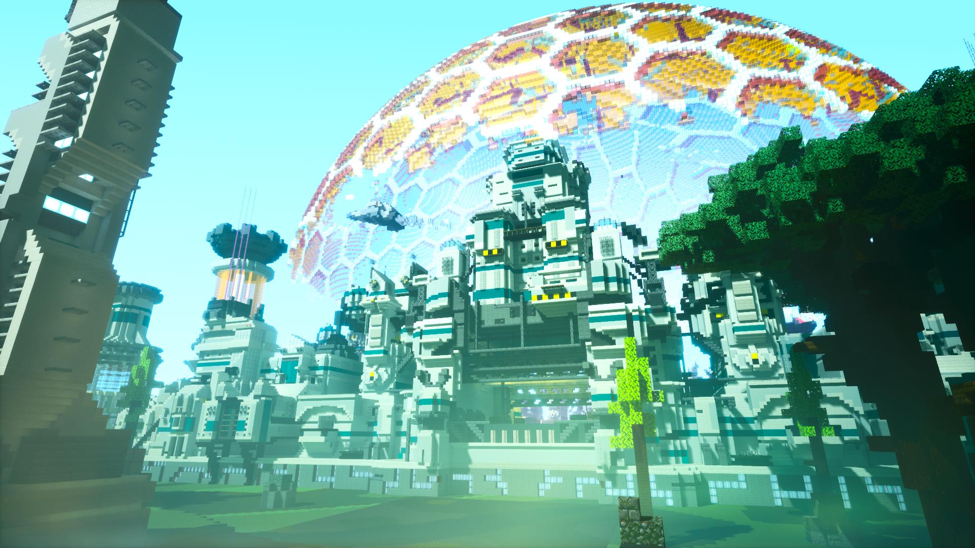 build minecraft of a futuristic city in a dome